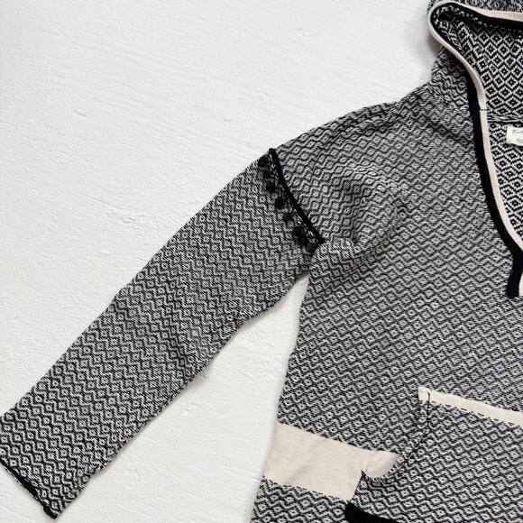 Vintage Havana Fringe Trim Baja Hoodie L Black Cream Patterned Pullover - Picture 2 of 7